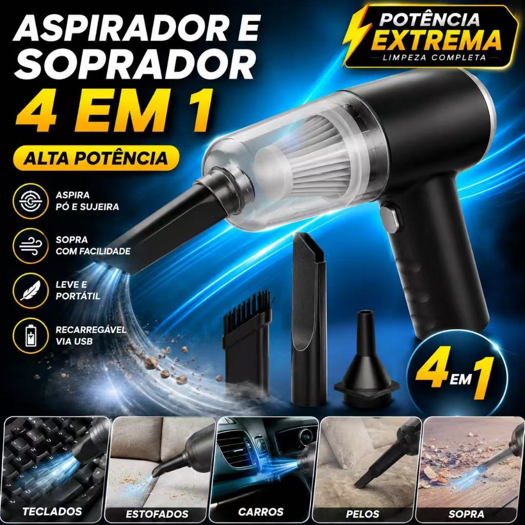 Mini Aspirador de Pó Portátil Automotivo Casa Sem Fio 4 em 1 Recarregável Potente 6000Pa