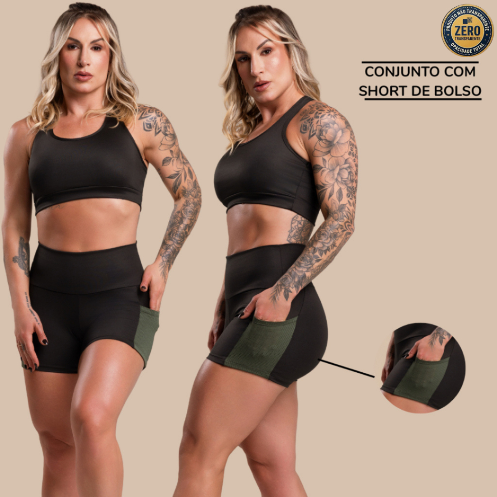 Conjunto Fitness Feminino Short Com Bolso Cabe Celular Cintura Alta E Top Nadador Liso Academia ZERO TRANSPARÊNCIA