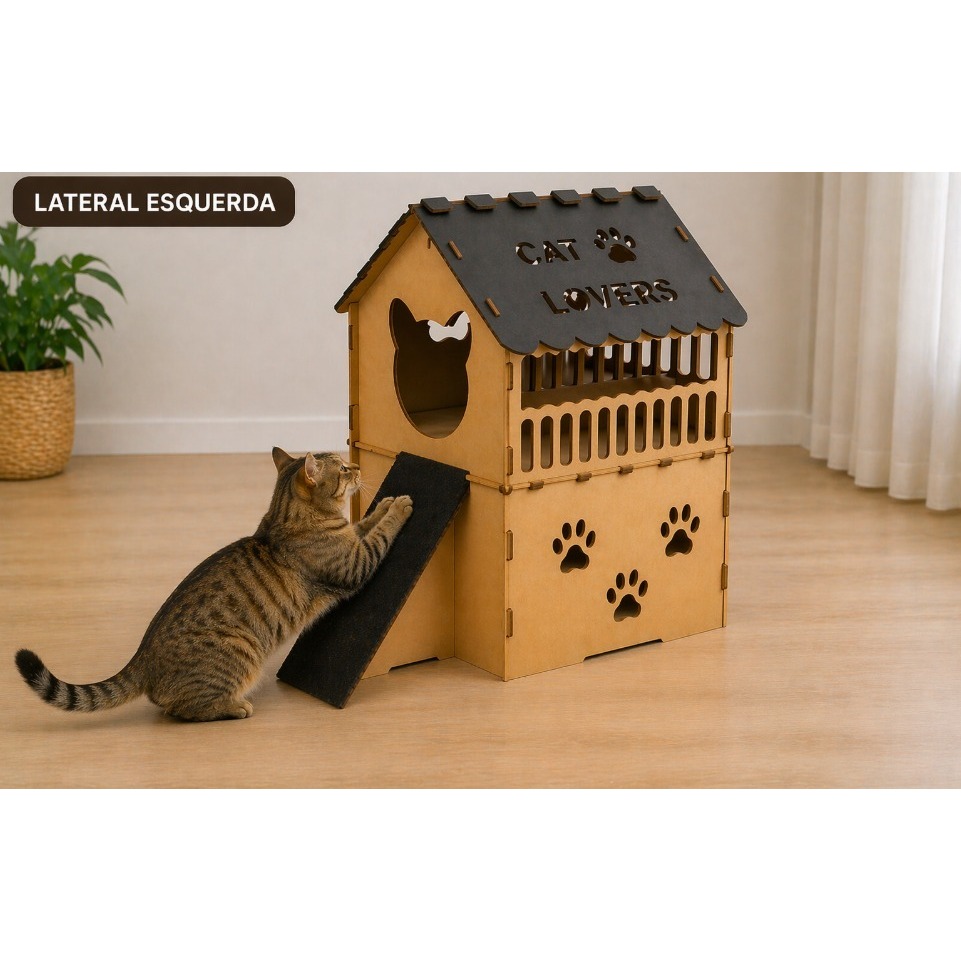 Casinha Gato 2 Andares MDF Rampa Superfície Arranhar Toca Felino Brinquedo Interativo Pet Grande
