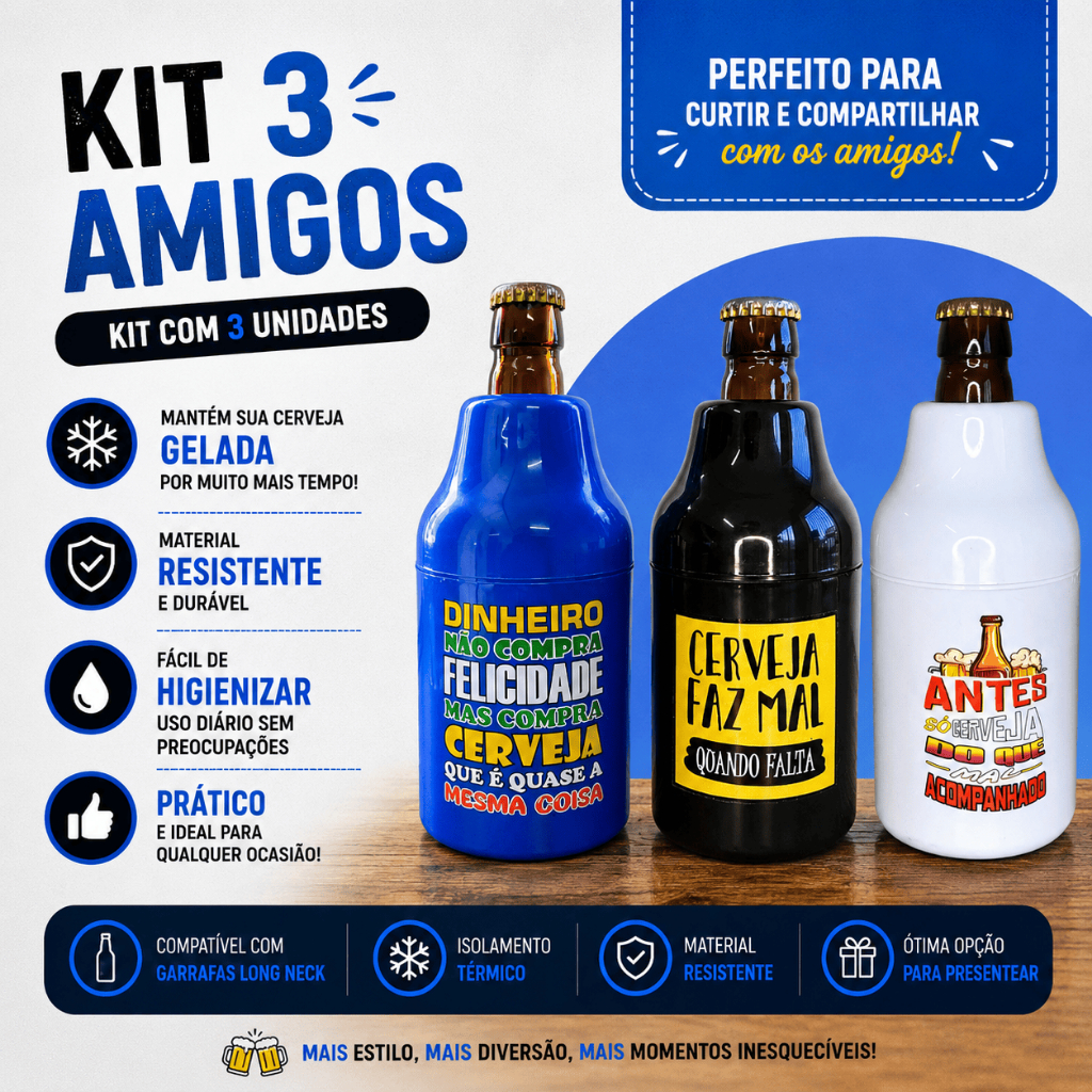 Kit Amigos 3 Porta Long Neck 330ml Suporte 3 em 1 Lata 350ml e Litrinho Garrafa 300ml Festa Balada