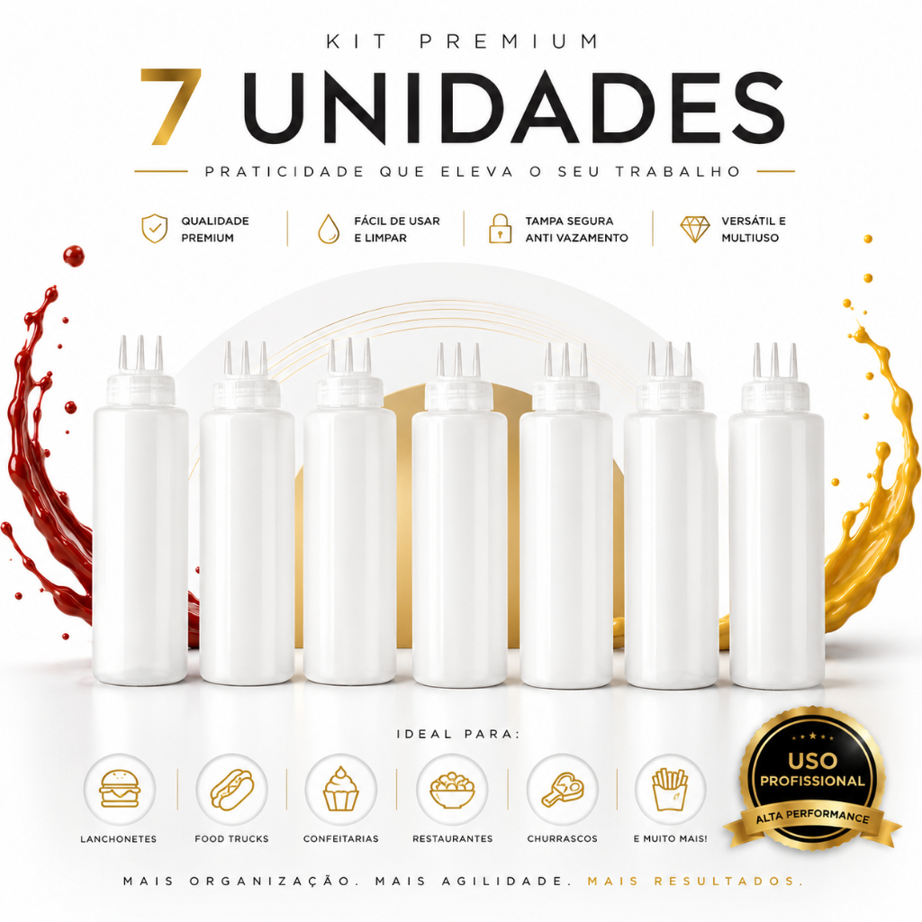 Kit 7 Bisnaga de Bico Triplo 3 Bicos Profissional Buffet 1 Litro  Graduada Confeiteiro Molhos Caldas Ketchup