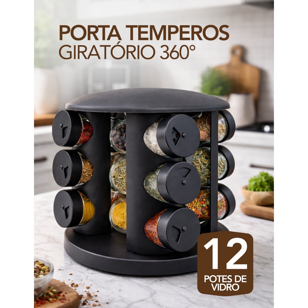 Porta Temperos Condimento 12 Potes Vidro Giratório 360° Organizador de Cozinha Suporte Preto Moderno Gourmet
