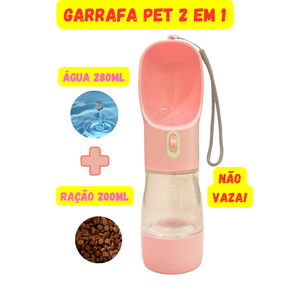 Garrafa Portátil 2 em 1 para Cachorro e Gato Água e Ração Pet Bebedouro e Comedouro Passeio Viagem