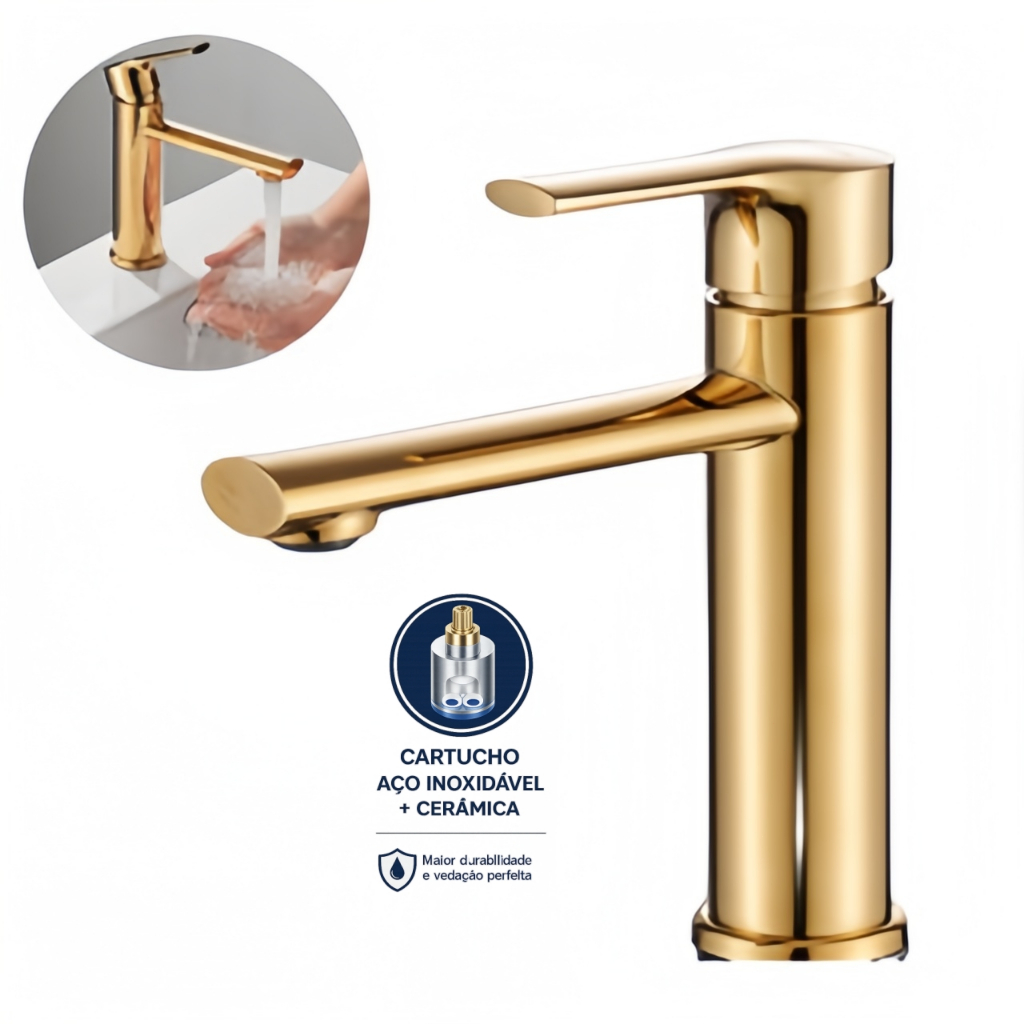 Torneira de Lavabo Banheiro Dourado Luxo Metal Moderna 1/2 Cuba Fosco Inox Yesop