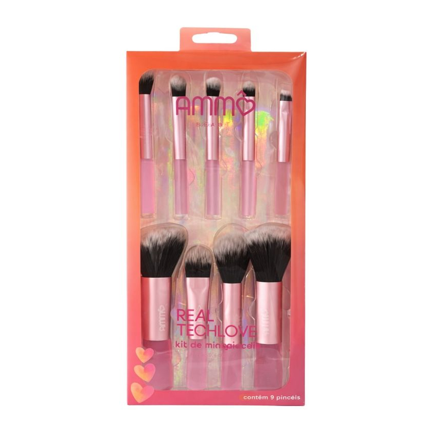 Kit de 9 Mini Pincéis Rosto e Olhos Ammô Beauty Tamanho Viagem Maquiagem Cerdas Macias Estojo