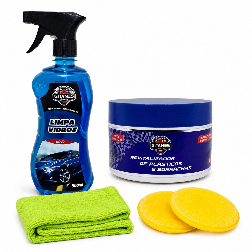 Kit Limpa Vidros 500ml + Revitalizador de Plásticos 200g + Pano Toalha Microfibra + Aplicador de Espuma