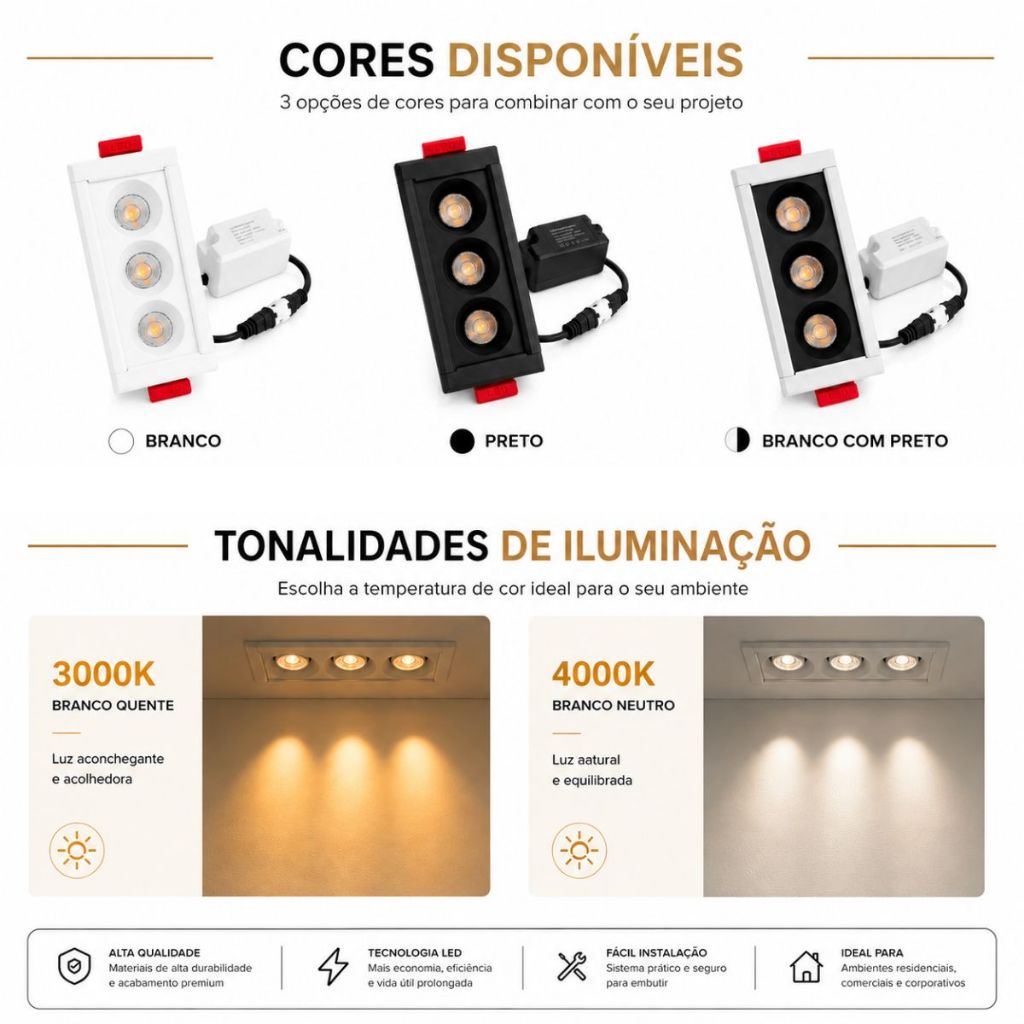 Spot Led Embutir 6w 3 Focos Minimalista Luminaria triplo quadrado linear