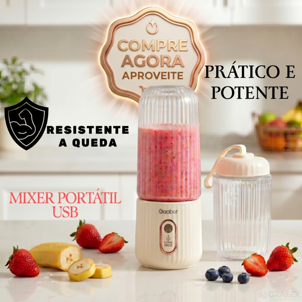 Mini Liquidificador Portátil USB Mixer Shake Fitness 2 Copos Recarregável 4 Lâminas Inox Gaabor