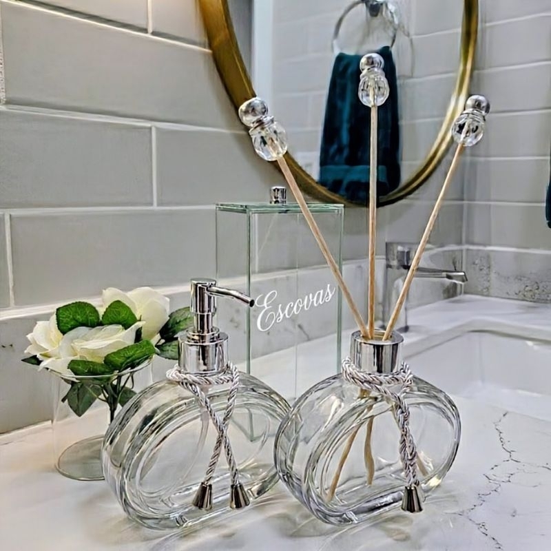 Kit Lavabo Banheiro Luxo Completo Bandeja Porta Sabonete Líquido E Difusor Aromas Casa Decoração Organizador