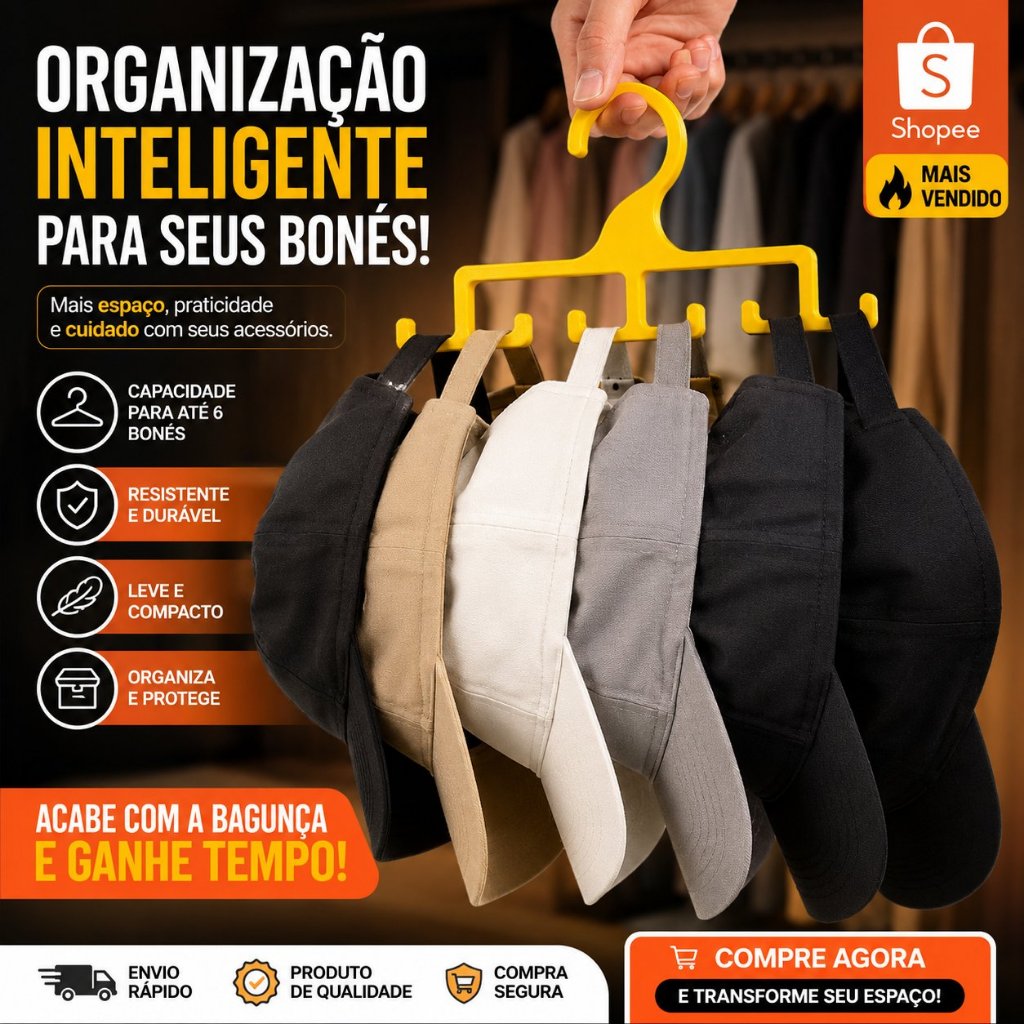 Suporte Organizador de Bonés Tipo Cabide com Ganchos – Porta Boné Multiuso, Compacto, Resistente 4 ou 6 boné
