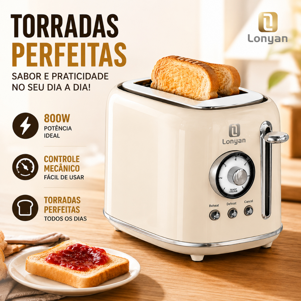 Torradeira Elétrica 2 Fatias Inox 220V 800W 7 Níveis Tostagem Cancelar Descongelar Alavanca Café da Manhã Crianças Fácil