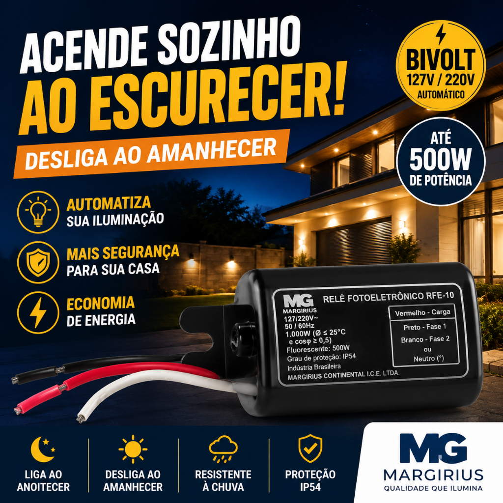 Relé Fotocélula Bivolt 500W Margirius Acende Ao Escurecer RFE-10