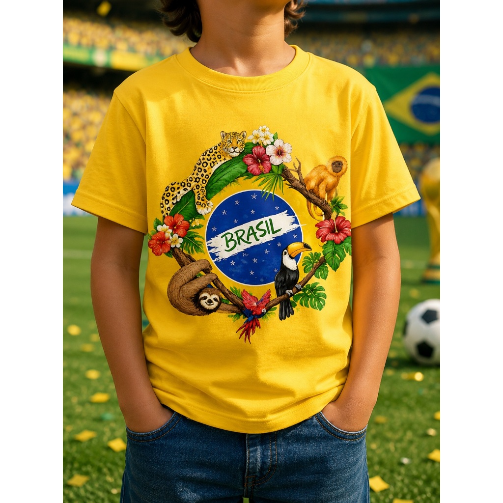 Camiseta Infantil Copa do Mundo 2026 Brasil Animais Brasileiros Estampa Premium Infantil
