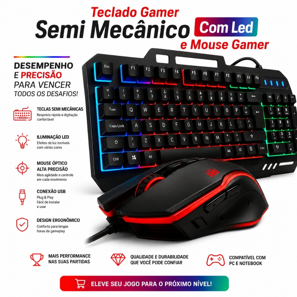 Teclado Gamer Semi Mecânico Com Led Rgb Usb Português/BR Pc Ps4 Com Suporte Para Celular