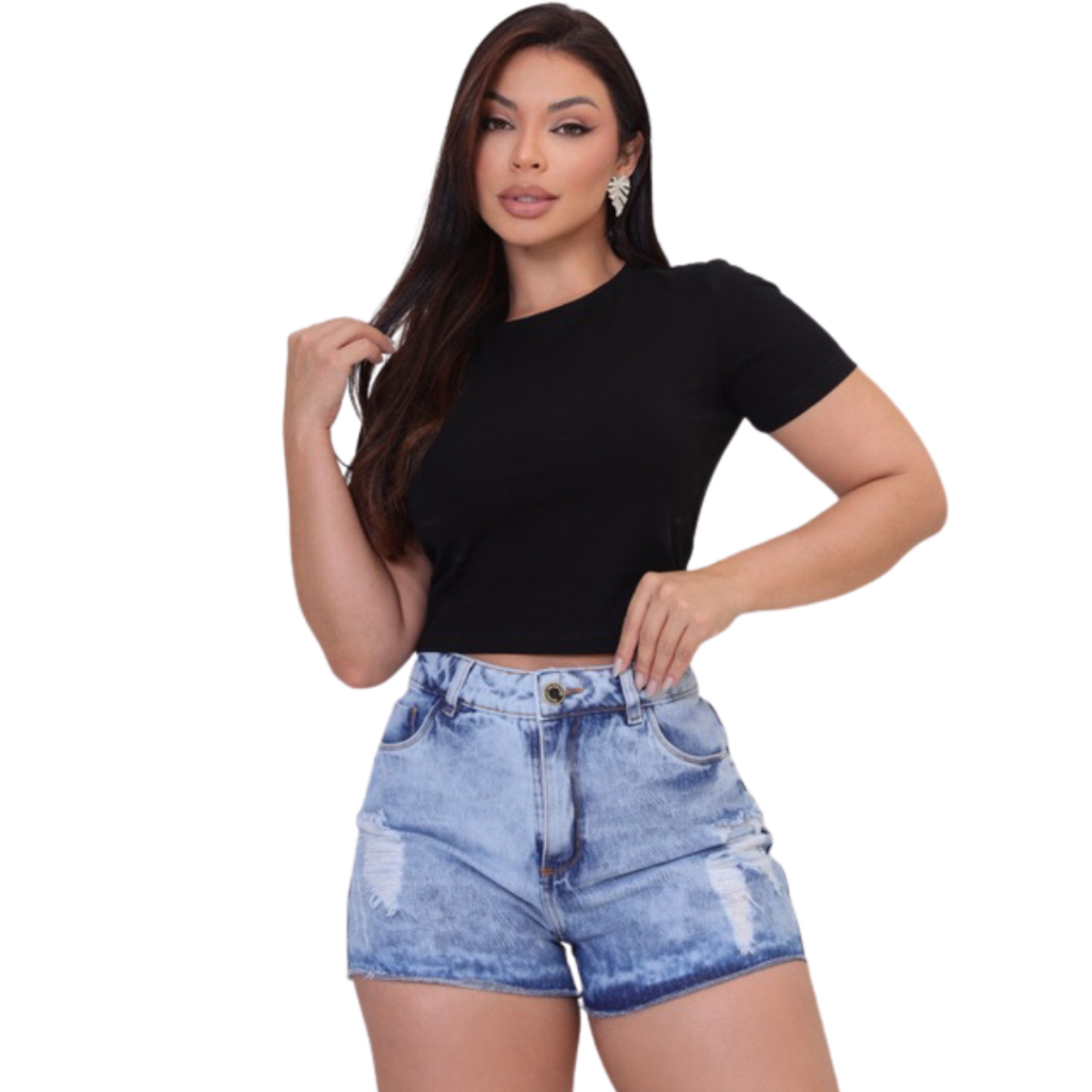 Short Jeans Feminino Cintura Alta Destroyed Balada Tendência Sem Lycra Detalhe Rasgo