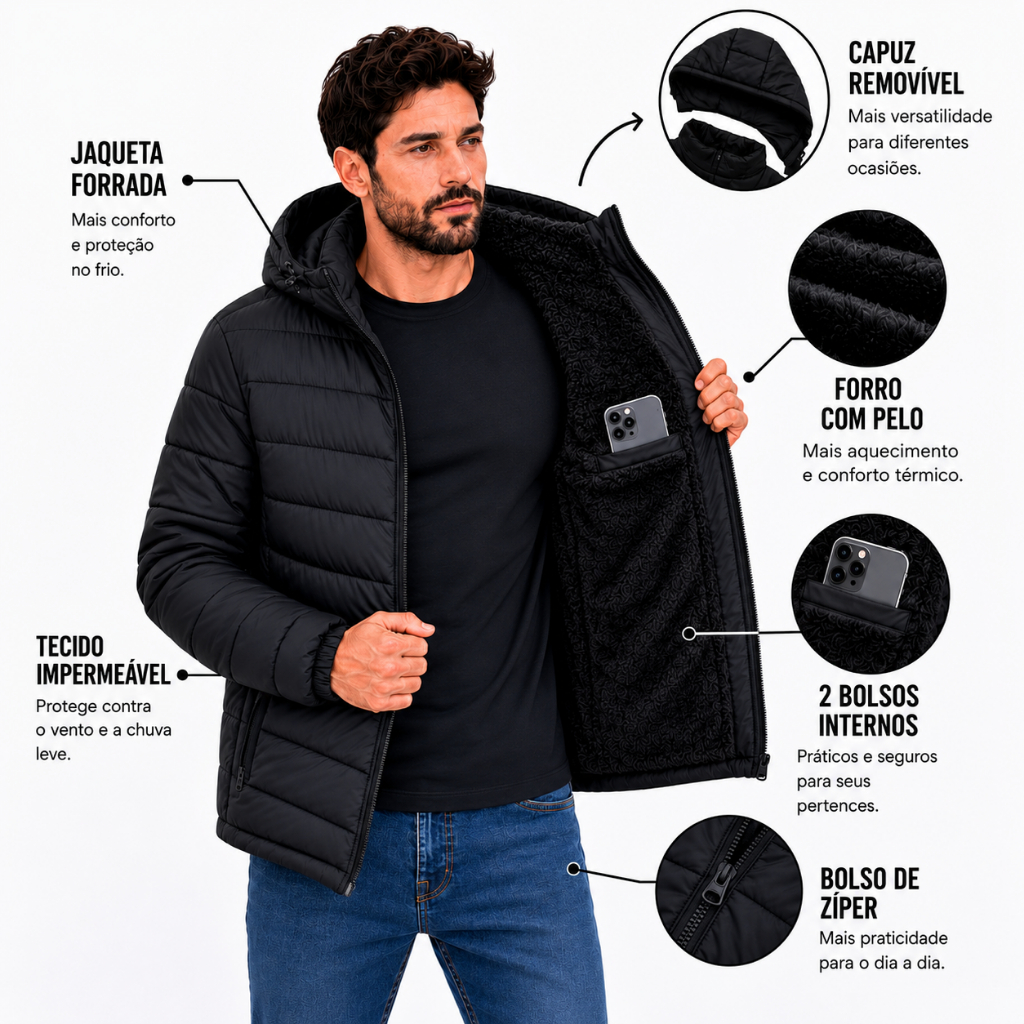Jaqueta Puffer Masculino Aveludada Inverno Casaco Bomber Peluciada Capuz Impermeável