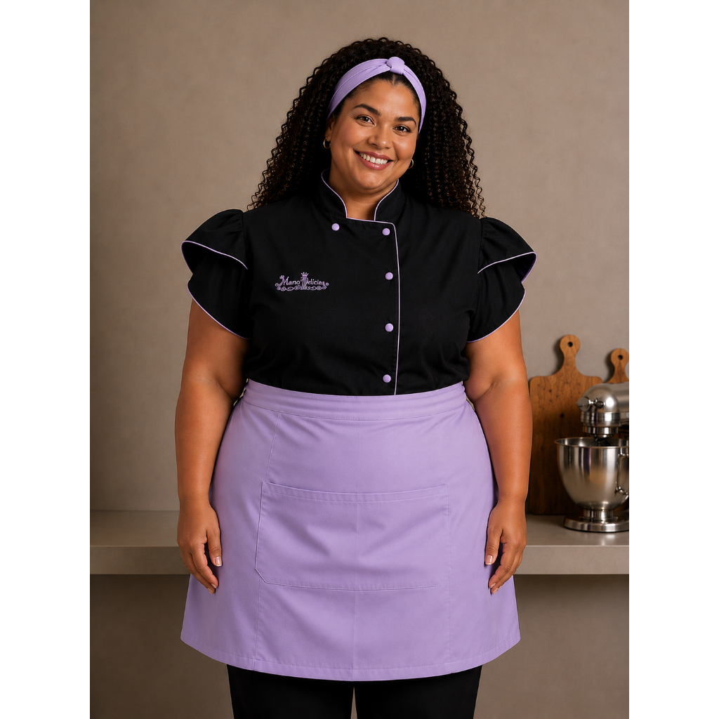 Kit Dolmã + Faixa + Avental Chef Confeiteira Gabardine Nome Bordado Jaleco Cozinha Gastronomia Restaurante Dolma Doma
