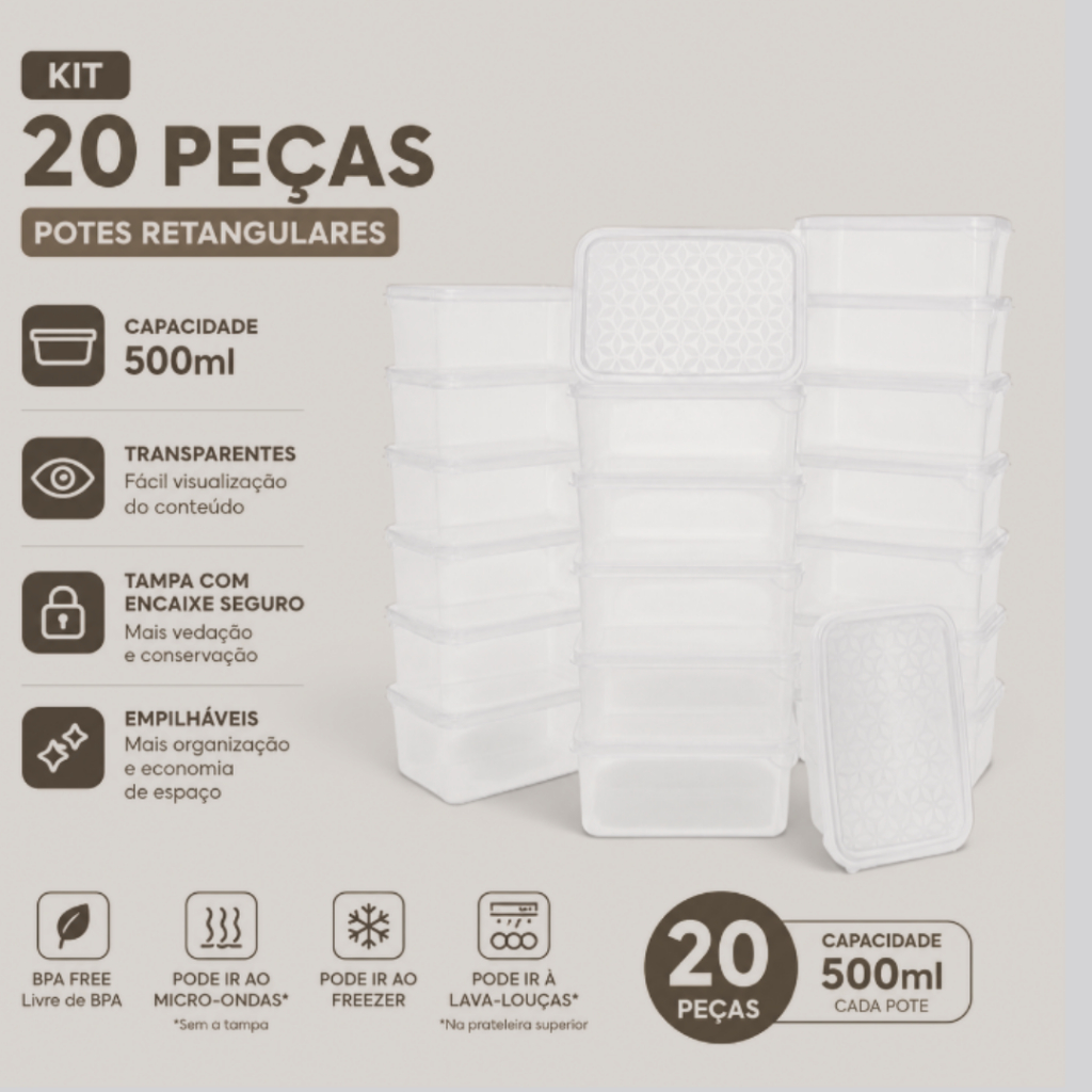 Kit 20 Potes Plásticos 500ml Retangulares Transparente - Utilidade Domestica Organização de Cozinha