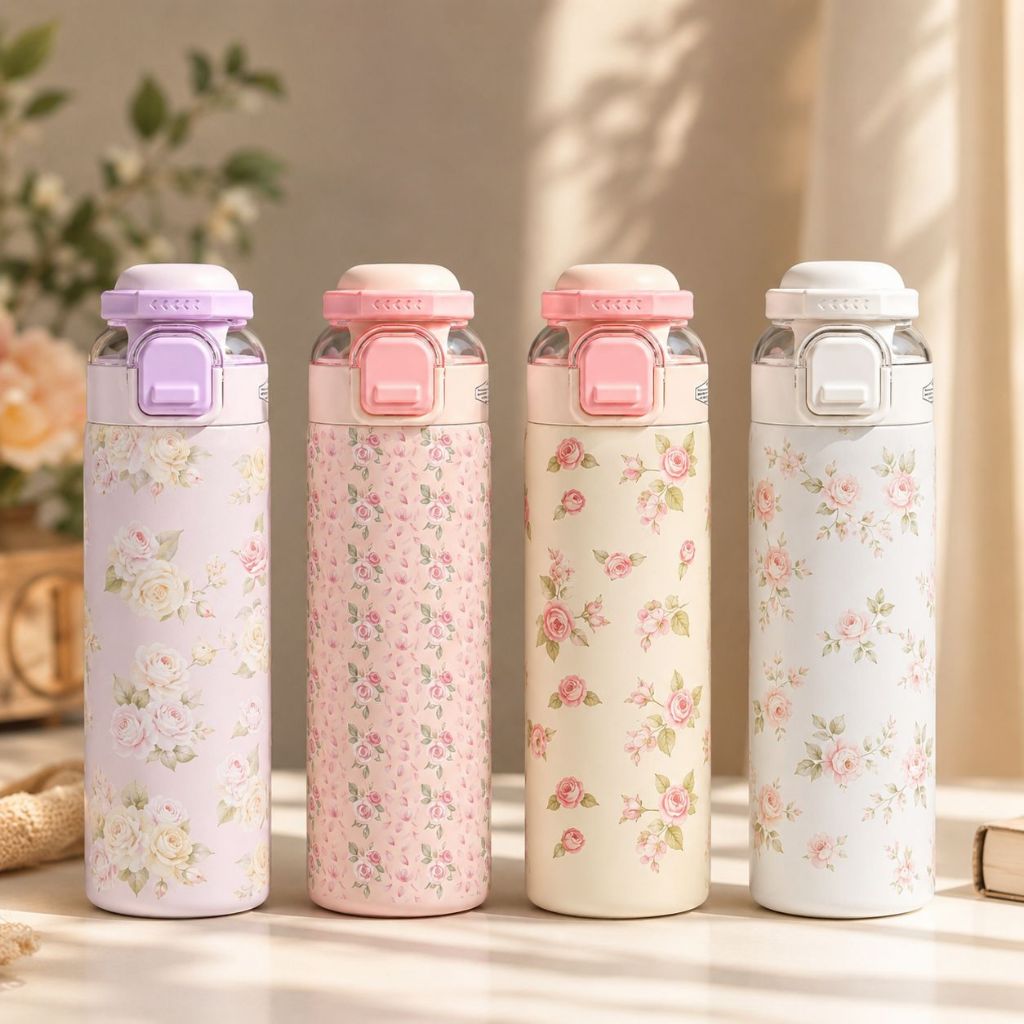 Garrafa Térmica Floral 700ml com Trava de Segurança Canudo 2 Bicos Portátil Para bebidas Água Café