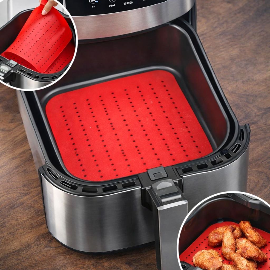 Tapete Silicone Air Fryer 24cm Protege o Cesto 6 litros, Não Gruda Reutilizável Alta Durabilidade