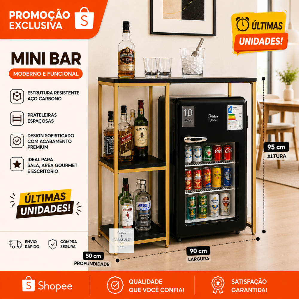 Mesa Balcão Industrial com Prateleira Embutida Café e Frigobar-110