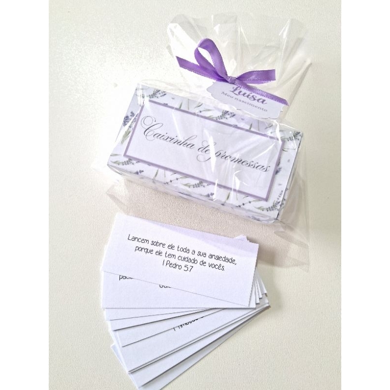 kit com caixinhas de promessas personalizadas para lembrancinha de maternidade, eucaristia e batizado
