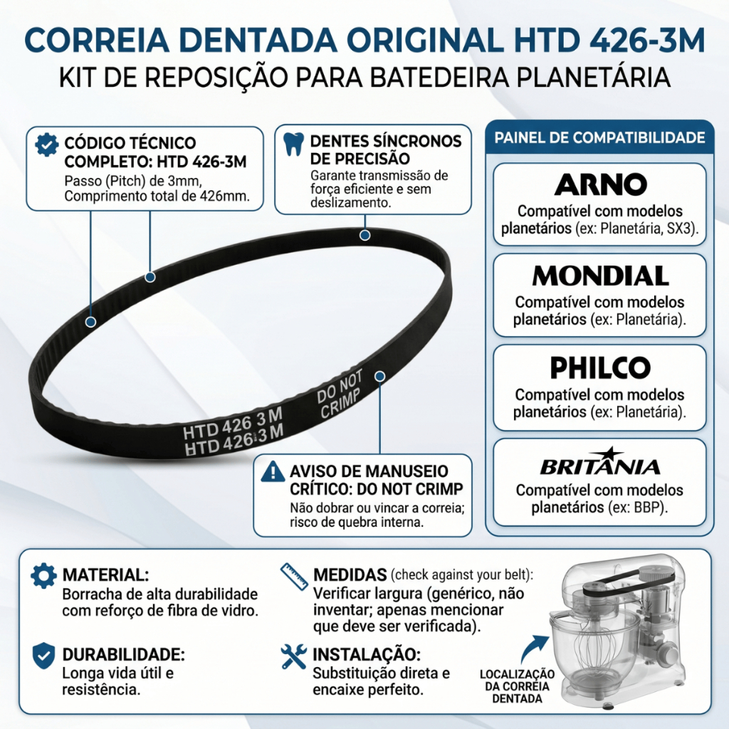 Correia Dentada Original HTD 426-3M Compatível Batedeira Planetária Arno, Mondial, Philco e Britânia