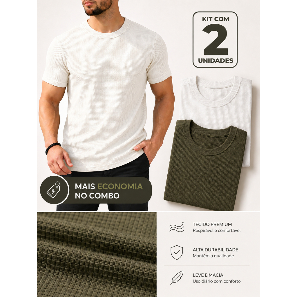 Kit 2 Camisetas Texturizadas Básicas Masculina Malha Leve Caimento Confortável