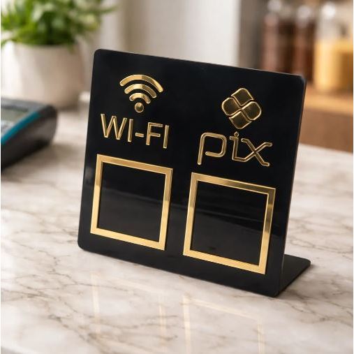 Placa Pix e WiFi com Suporte Acrílico Display QR Code Pagamento Digital Utilidades para Balcão Loja