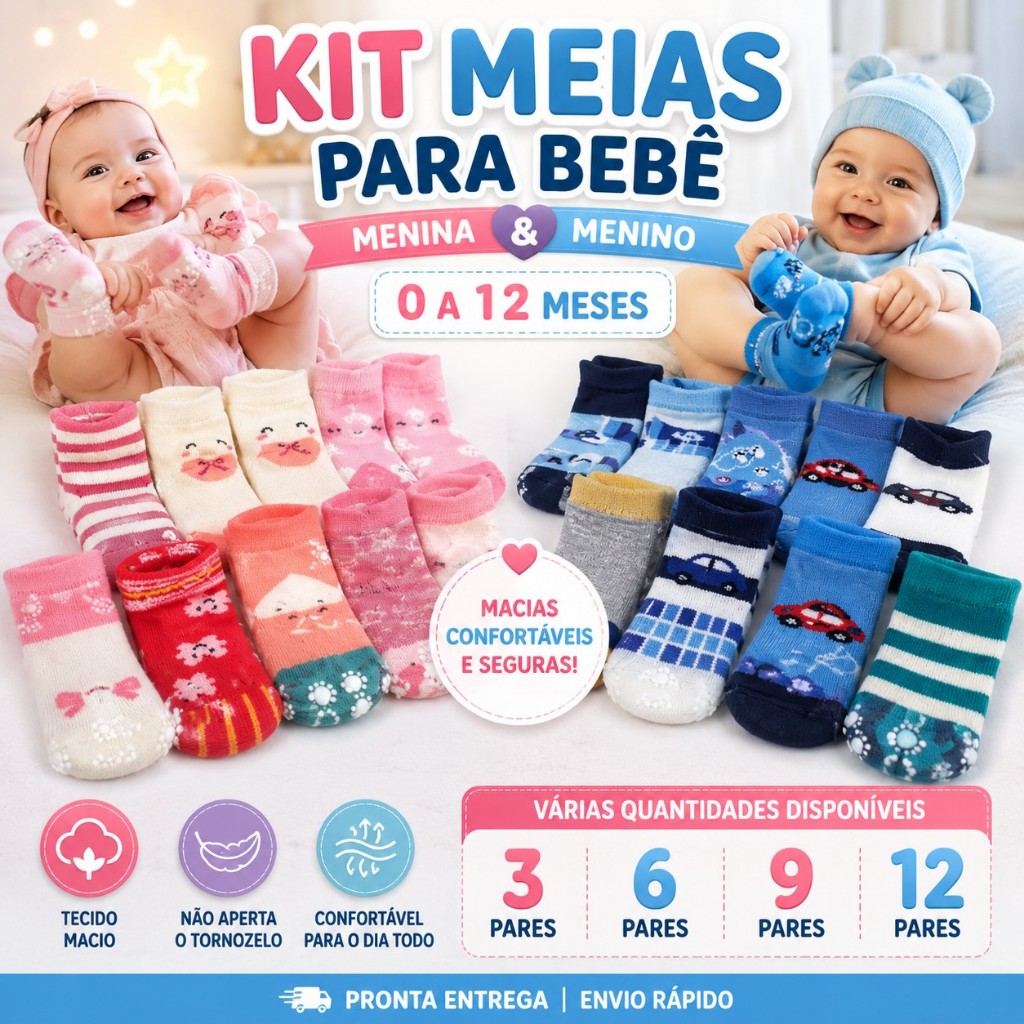 Kit com Pares de meia para Recém Nascidos e Bebê Menino e menina c/ Antiderrapante 0 á 24 Meses Macio Respirável