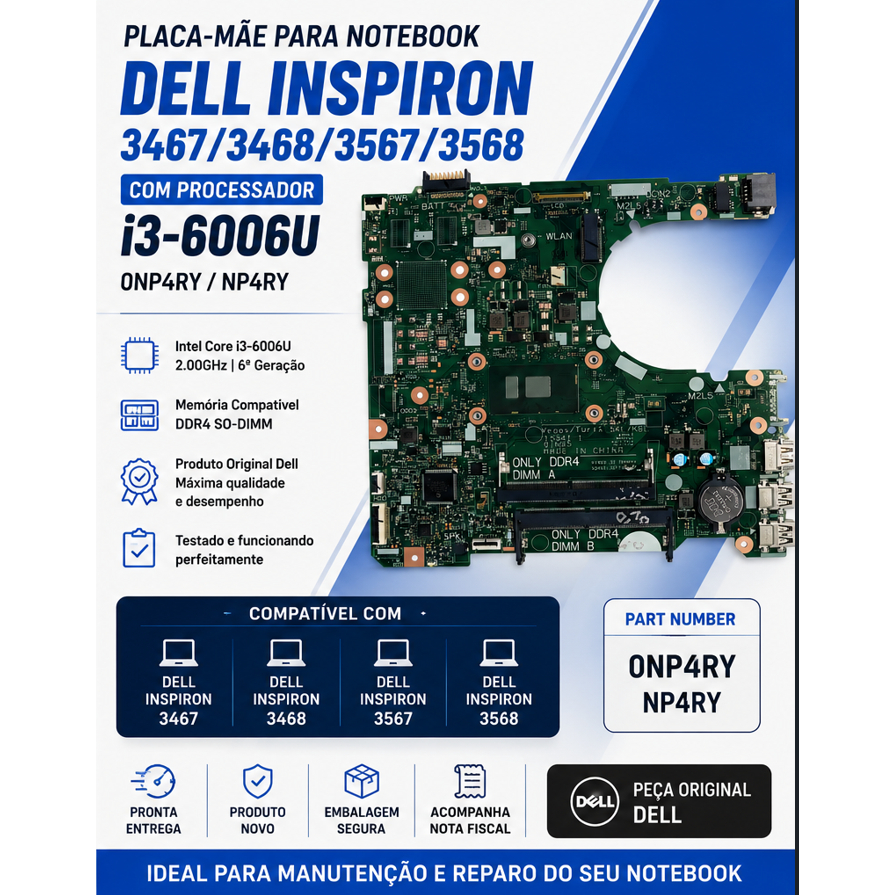 Placa Mãe para Notebook Dell Inspiron 3467/3567/3568/3468 I3-6006u 0np4ry Verde