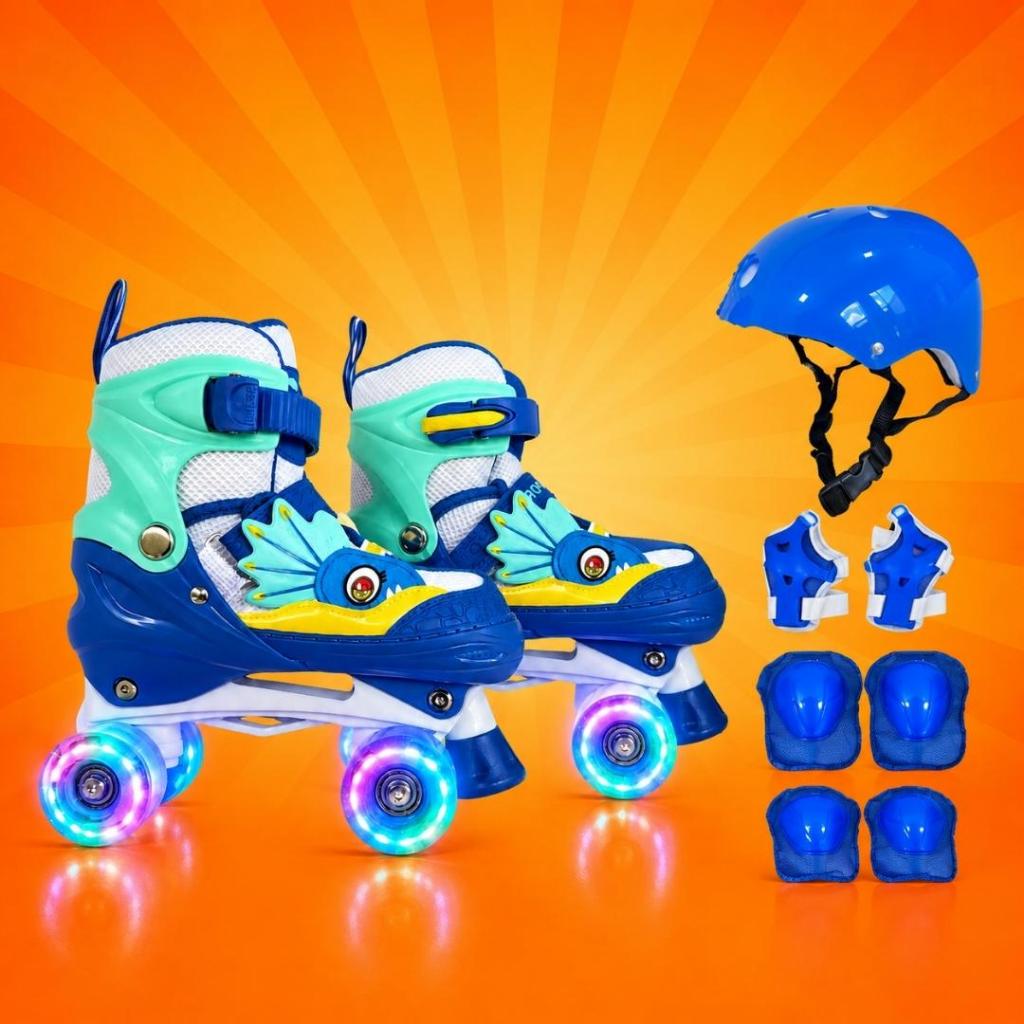 Patins Quad Dinossauro Infantil 4 Rodas Tamanho Regulavel Com Rodinhas de LED + Bolsa + KIT DE PROTEÇAO COMPLETO