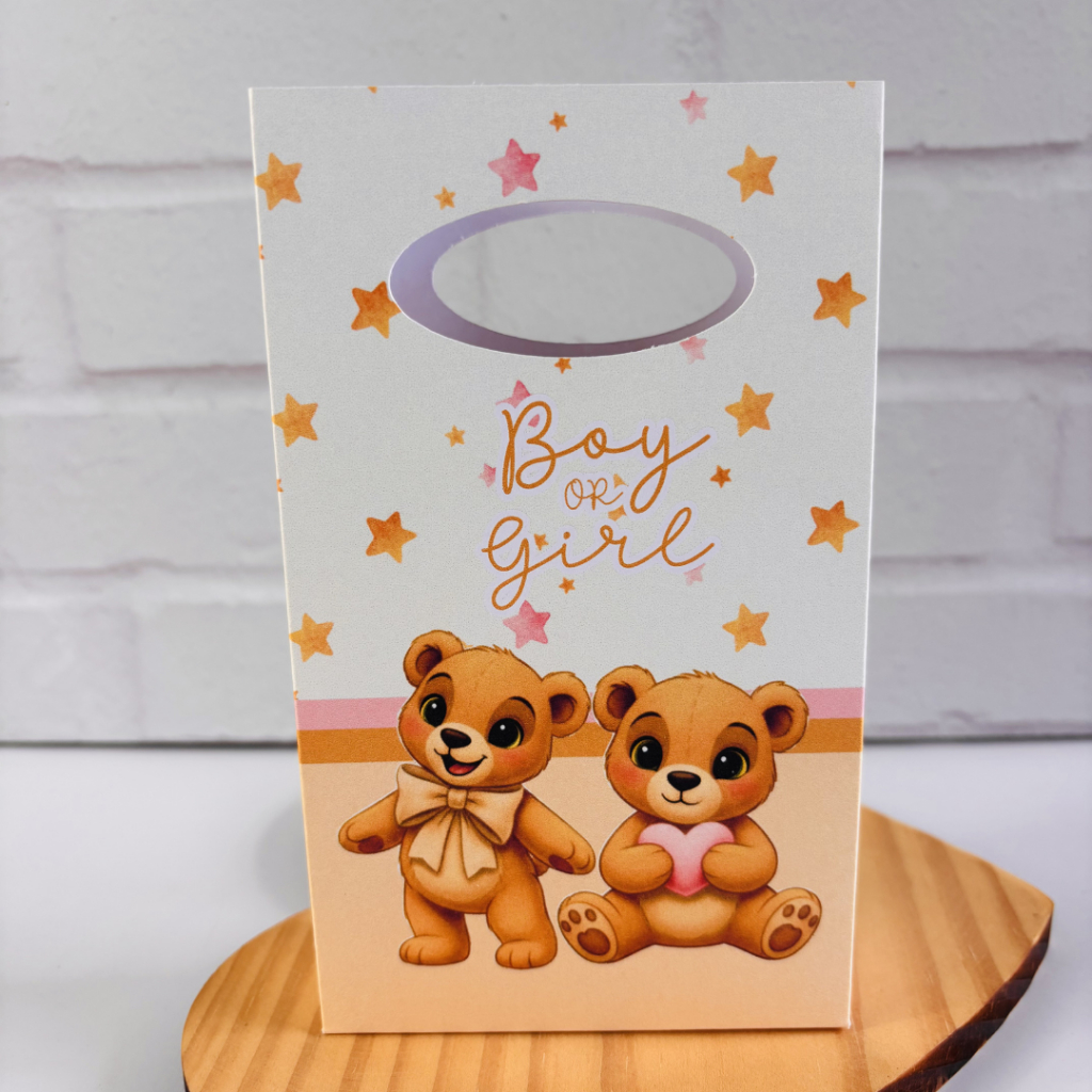 PEGUE E MONTE Sacolinha Chá Revelação Ursinhos Neutro Dourado - Festa Infantil - Lembrancinhas Personalizadas
