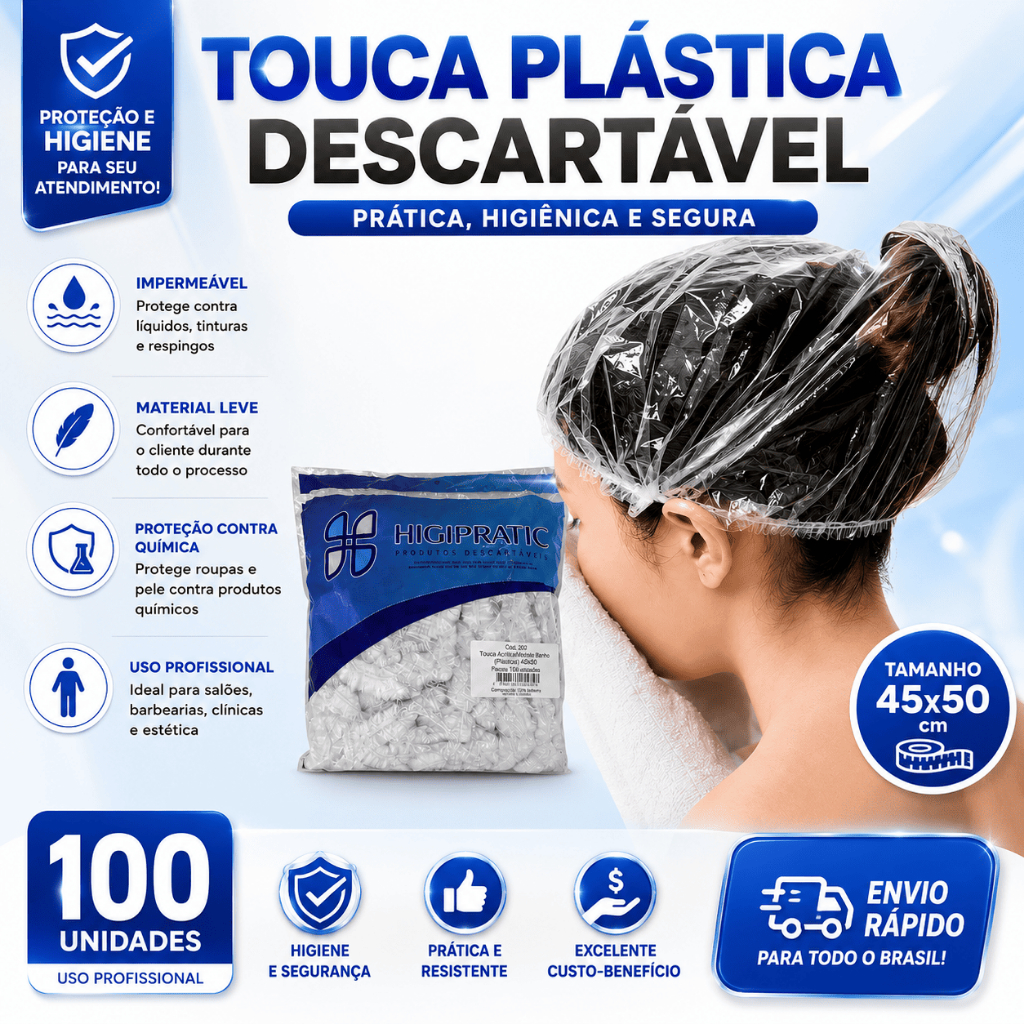 Touca Plástica Descartável 100UN - Salão cabelereiro, Progressiva, Banho, Estética