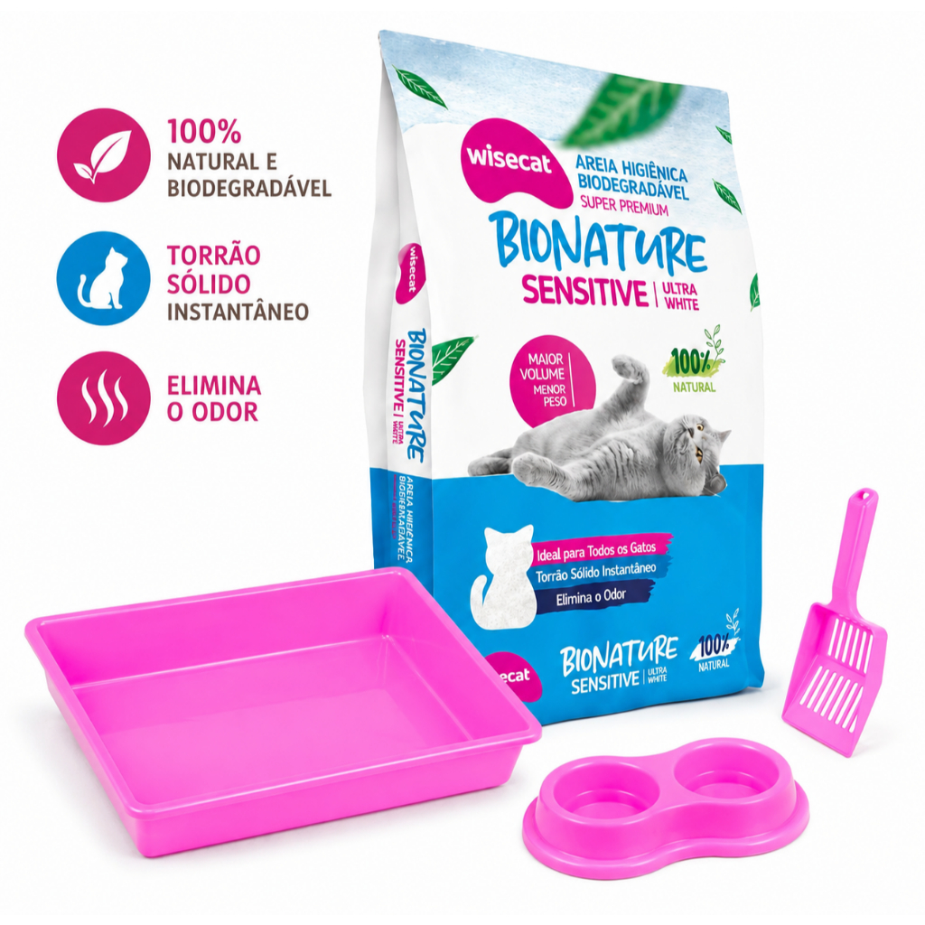 Kit Bandeja Higienica Rosa Para Gatos + Pa + Comedou e Bebedouro + Areia Bionature Sensitive 2 Kg