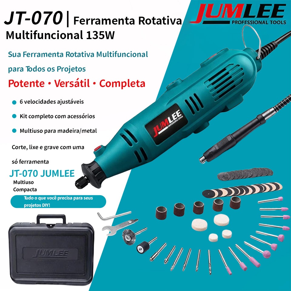 Mini Retífica Elétrica 135W JUMLEE Kit Ferramenta Rotativa 127V/220V com Eixo Flexível e Acessórios p/ Artesanato e Cort