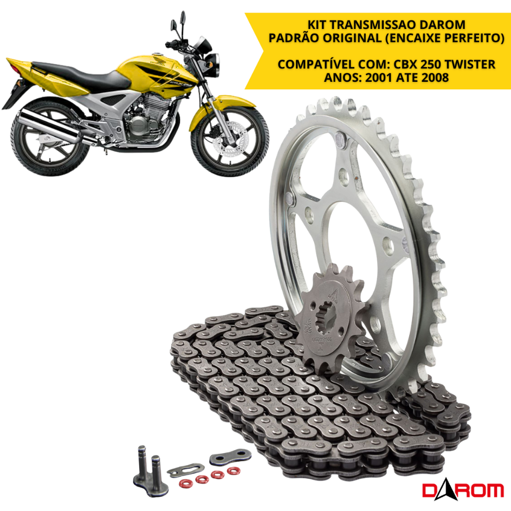 Relação Completa Honda CBX 250 Twister 2001 A 2008 Kit Transmissão Darom Com Retentor Corrente Coroa Pinhão