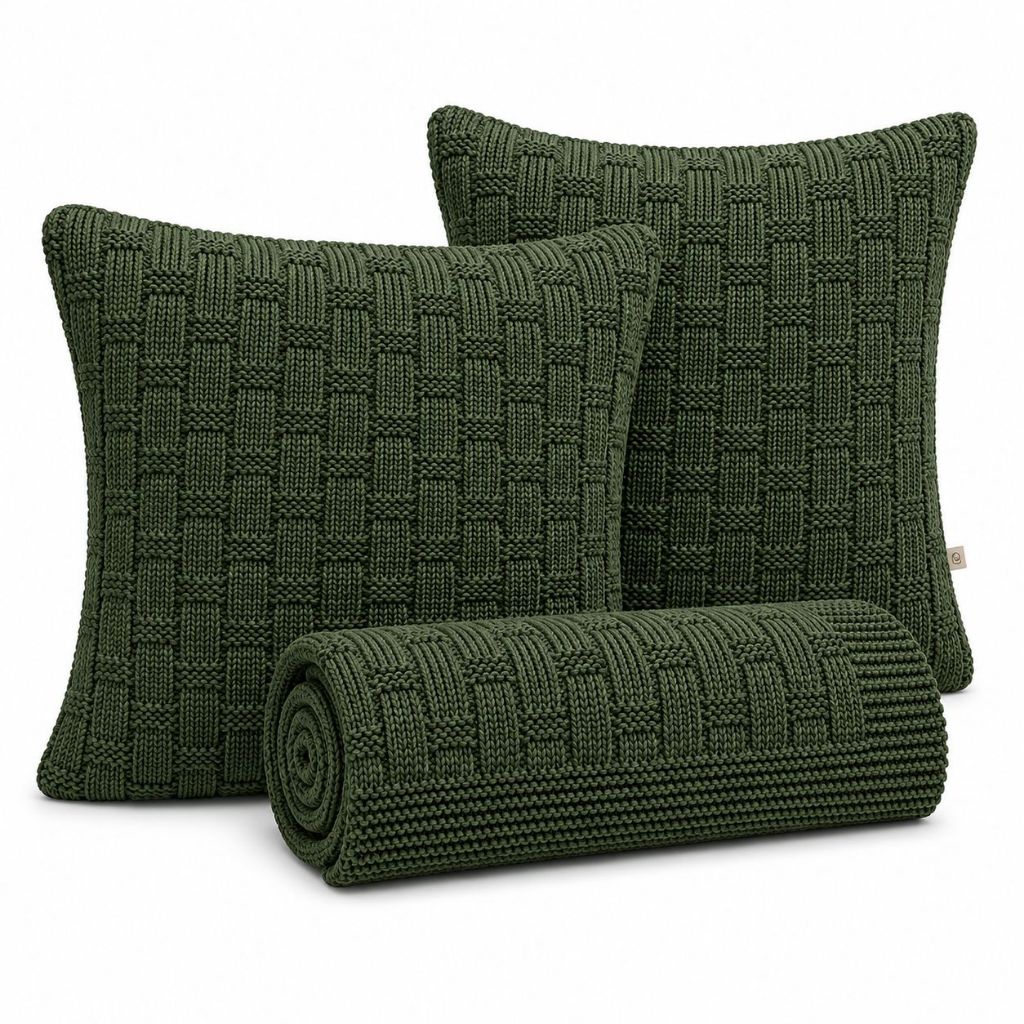 Kit Peseira Tricot Premium Trama + 2 Capas 45x45 de Almofada Cama Casal Queen King Decor Home Luxo