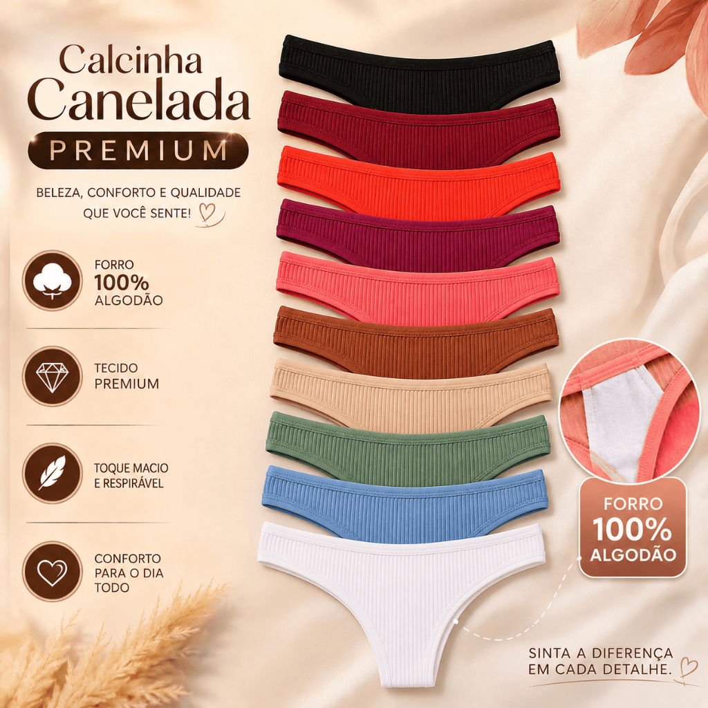 Kit Calcinha Fio Dental Canelada Feminina Premium Forro 100% Algodão Confortável