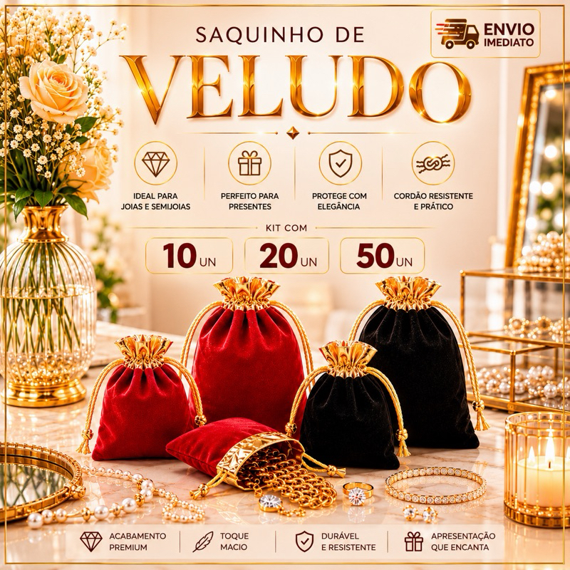 Kit com 10/20/50 Saquinhos Saco de Veludo 7x9/10x12/ 10x15 Lembrancinha Natal Jóias Festa Casamento