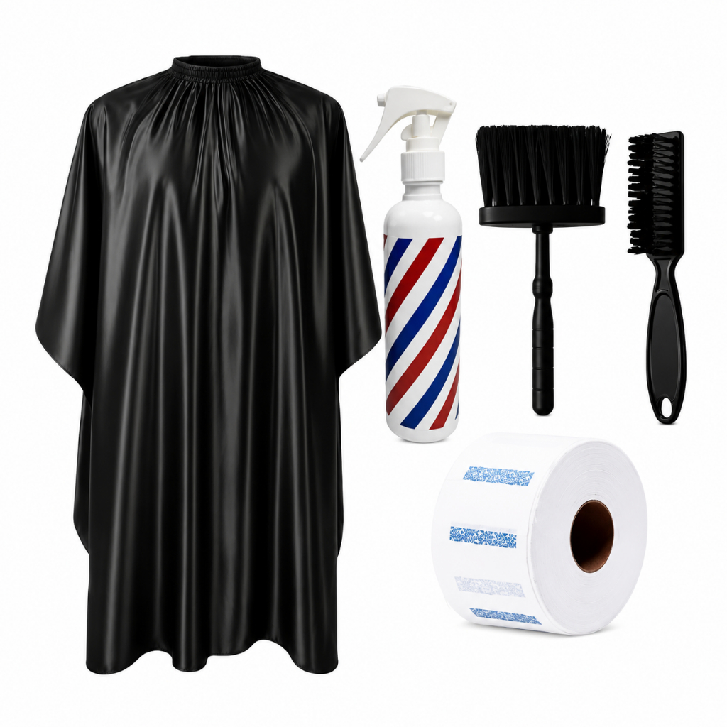 Kit Completo Barbeiro Profissional Capa Cetim Corte Borrifador Escova Disfarce 100 Golas Gigienicas Espanador Barbearia