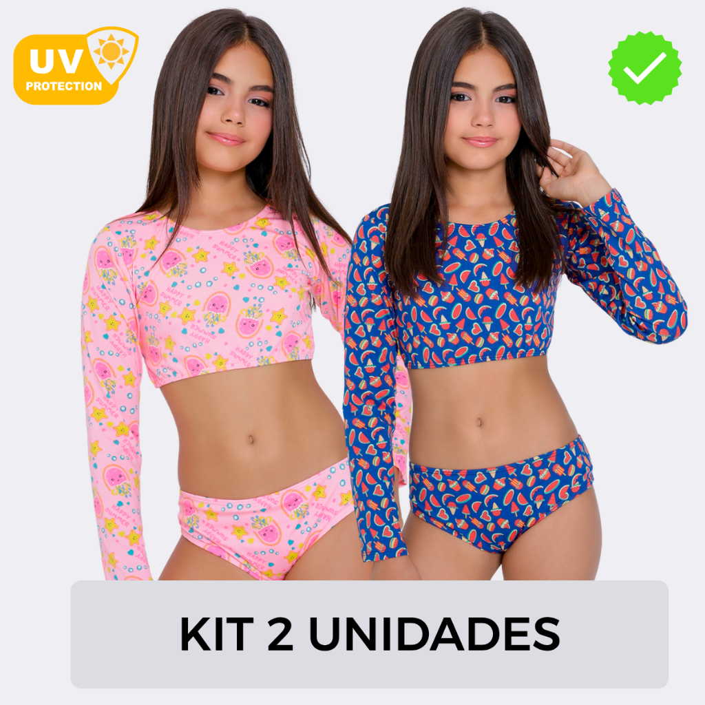 KIT 2 Conjuntos Biquini Juvenil Infantil Natação Praia Piscina Uv Cropped Manga Longa Forrado