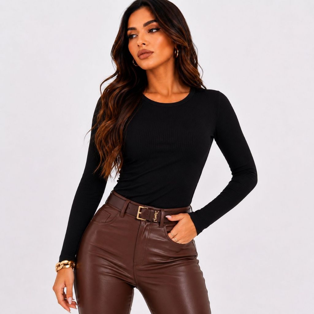 Blusa Feminina Canelada Manga Longa Básica Justa Inverno Elegante Gola Alta