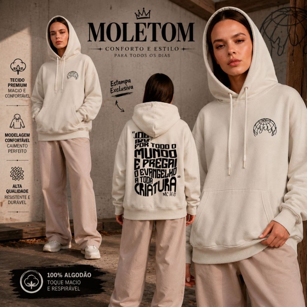 Moletom Ide e pregai ao mundo Feminino e Masculino Casaco de Frio Passagem Bíblica do P ao GG com Bolso e Capuz