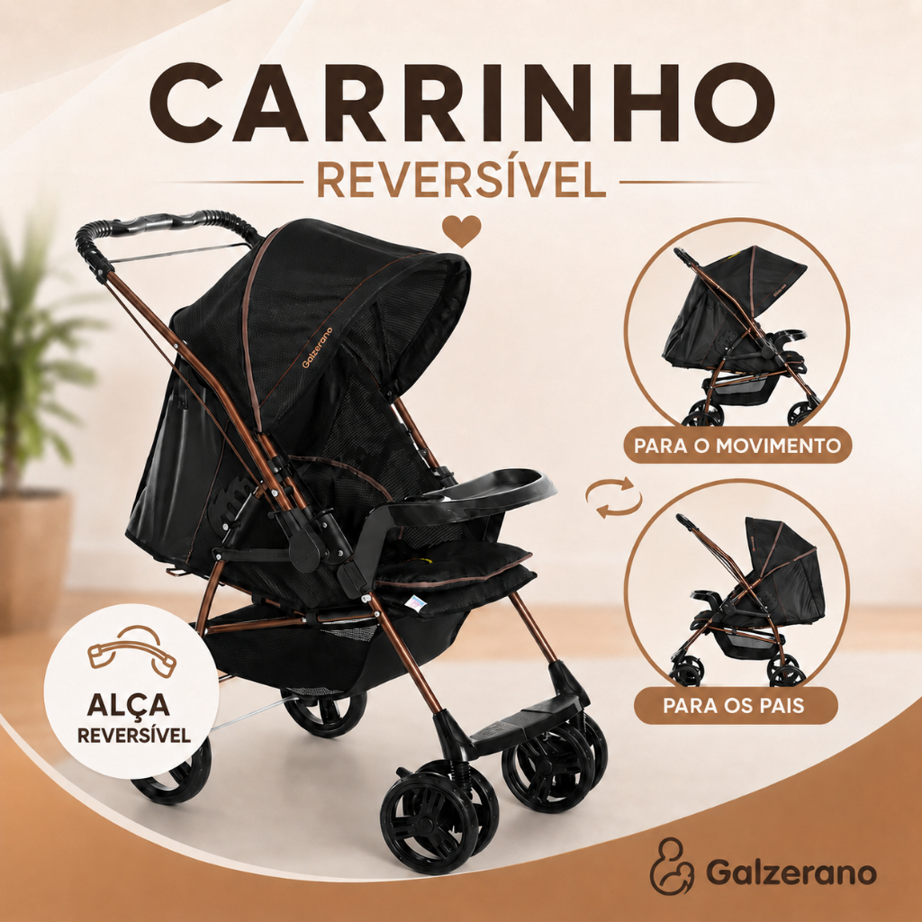 Carrinho de Bebê Galzerano Milano Reversível Passeio 15Kg Menino Menina