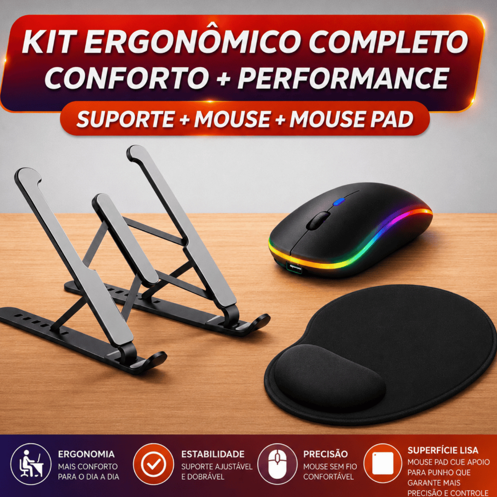 Kit Mouse Sem Fio+Suporte de Notebook+Mouse Pad Apoio Pulso