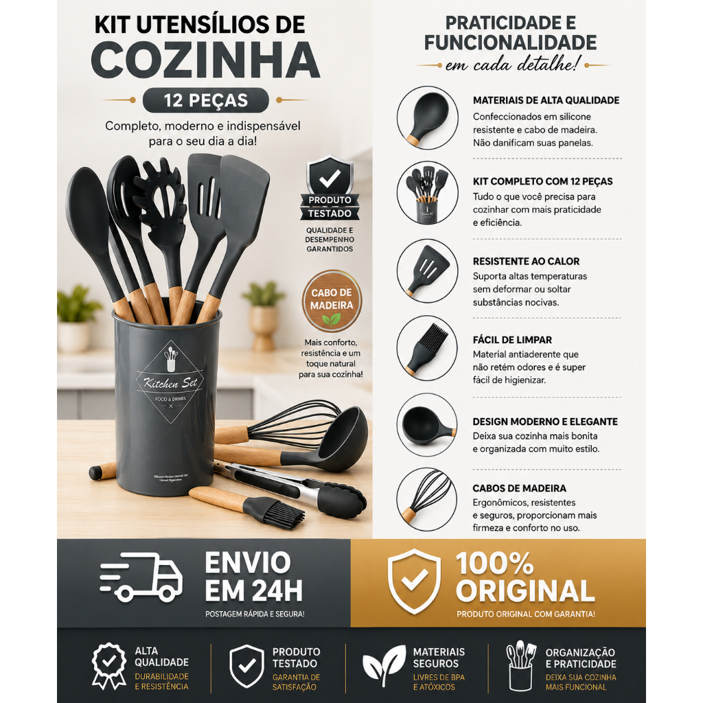 Kit 12 Peças Utensílios de Cozinha Silicone Cabo Madeira Resistente ao Calor Livre de BPA