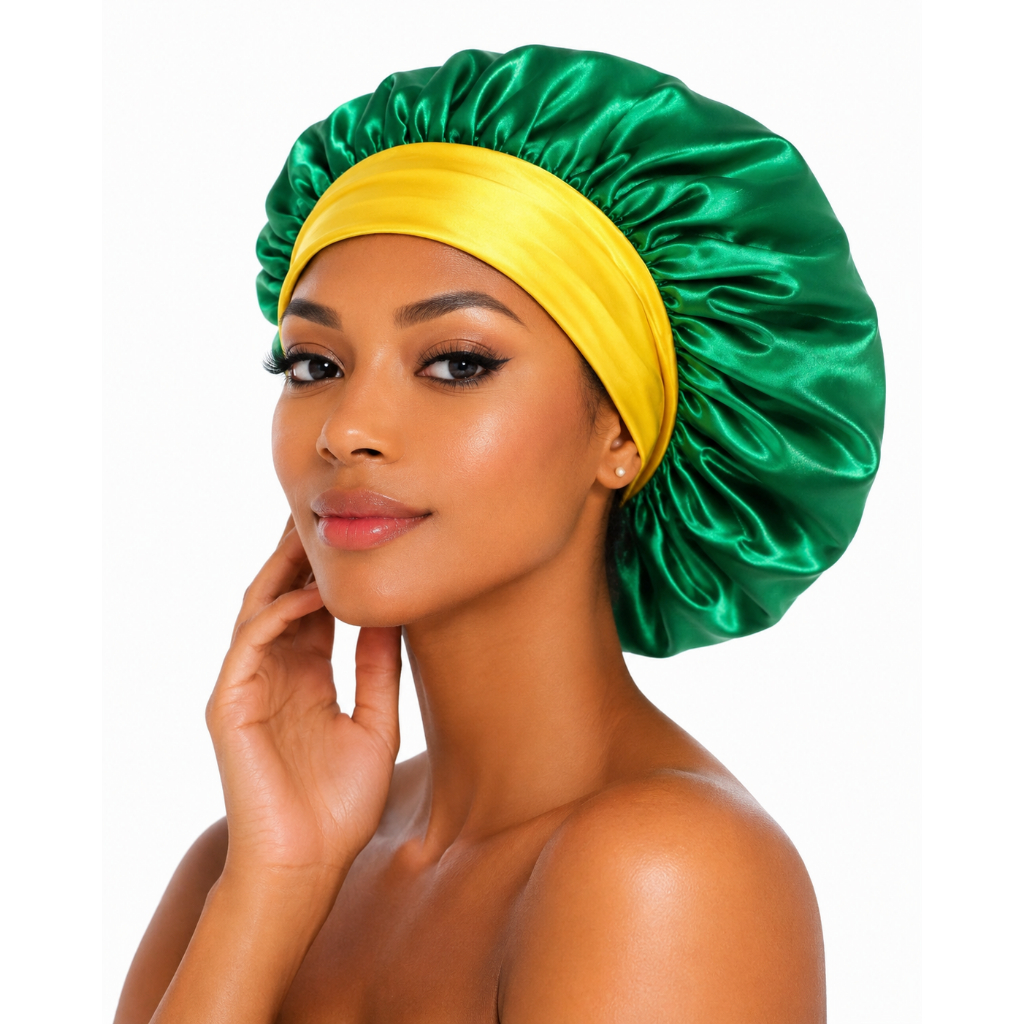 Touca de Cetim  com faixa Verde e Amarela Premium para Dormir  Antifrizz Cabelo Cacheado e Liso