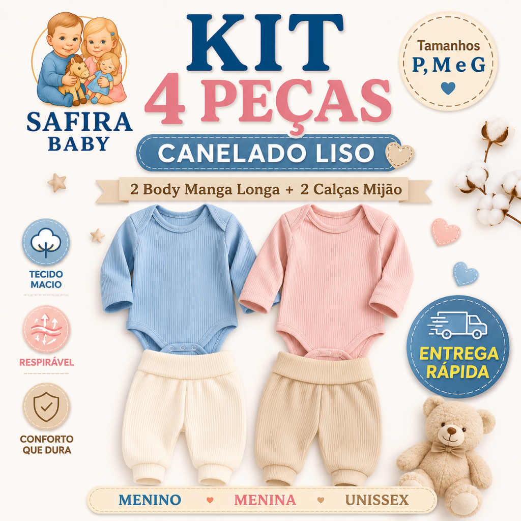 Kit Roupa Bebê 4 Peças Body Manga Longa + Calça Mijão RN ao G Menino Menina Enxoval