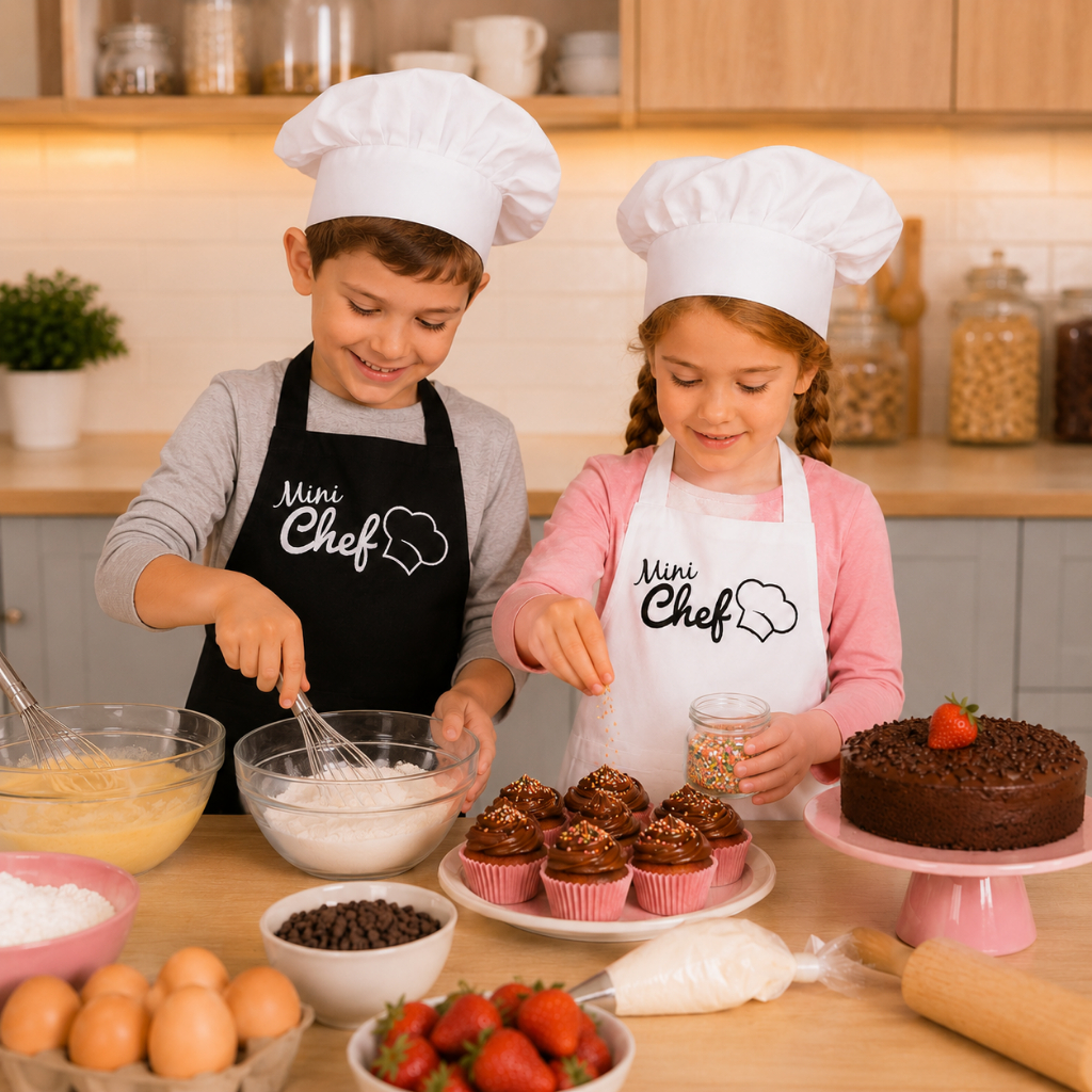 Avental Infantil Mini Chef Preto ou Branco Cozinha Culinária Criança Ajustável
